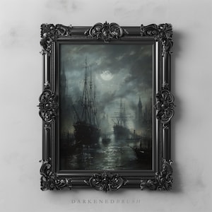 Mondlicht Vintage Geist Schiffe dunklen Hafen Malerei, dunkle nautische Meerlandschaft Kunst druckbare, dunkle Academia Dekor viktorianischen maritimen Wandkunst