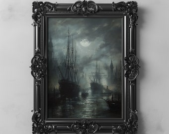 Peut inclure: Une peinture encadrée en noir représentant une scène de port éclairée par la lune avec plusieurs navires à l'ancre. Les navires sont en silhouette contre le ciel et l'eau sombres, avec une pleine lune brillant fortement en arrière-plan.