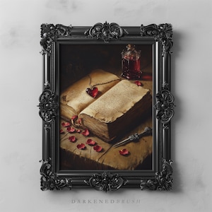 Livre de sorts antique avec pendentif coeur, art mural gothique romantique sorcellerie d'amour impression esthétique décoration de la Saint-Valentin, art romantique sombre