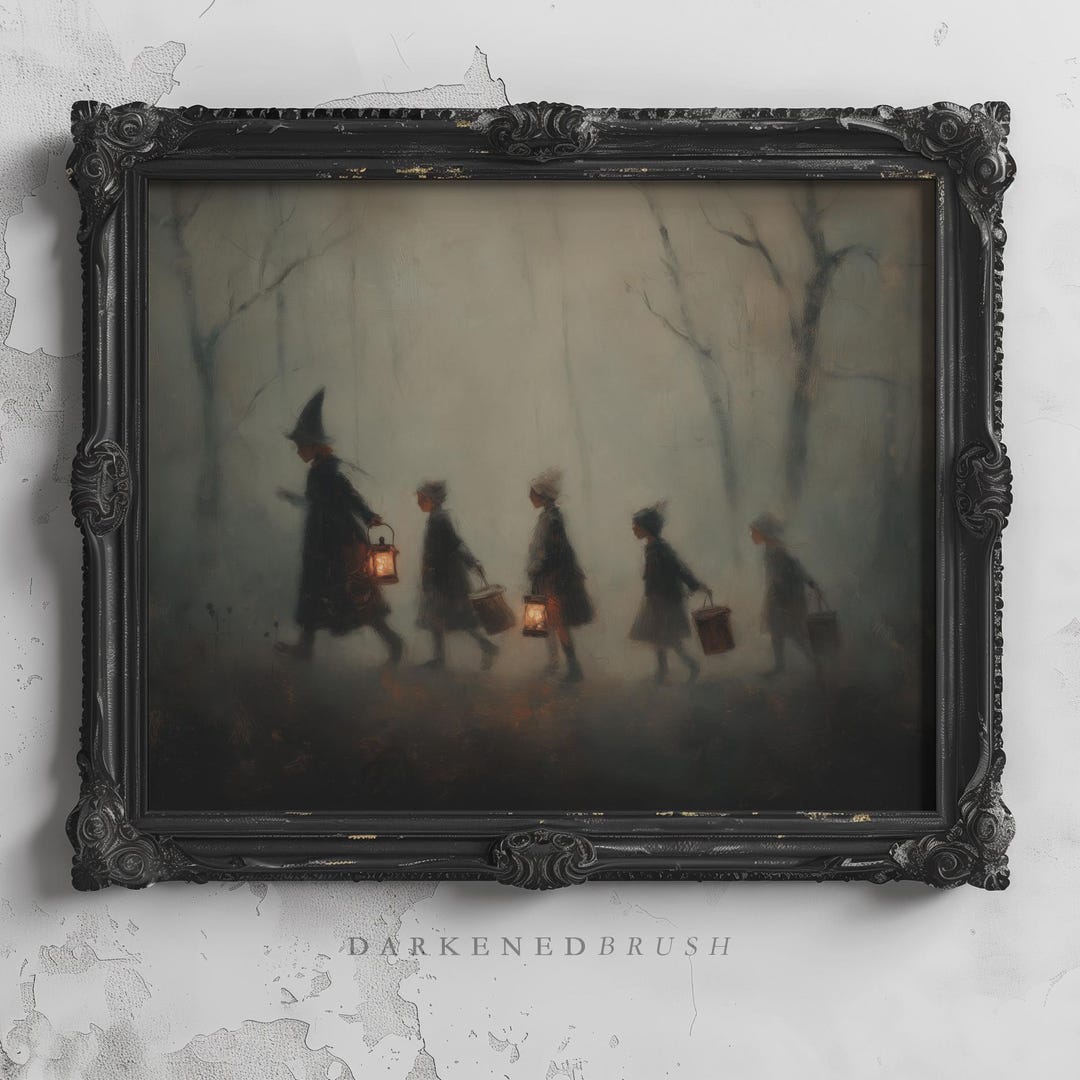 Witchy Children in Halloween Costumes Walking Through Forest With ...