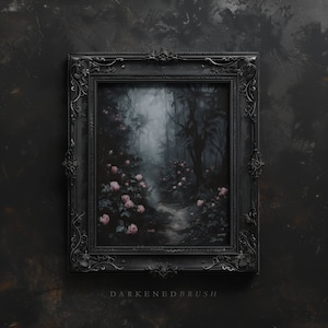 May include: A black ornate picture frame with a painting of a foggy forest path lined with pink roses. The text "DARKENED BRUSH" is below the frame.