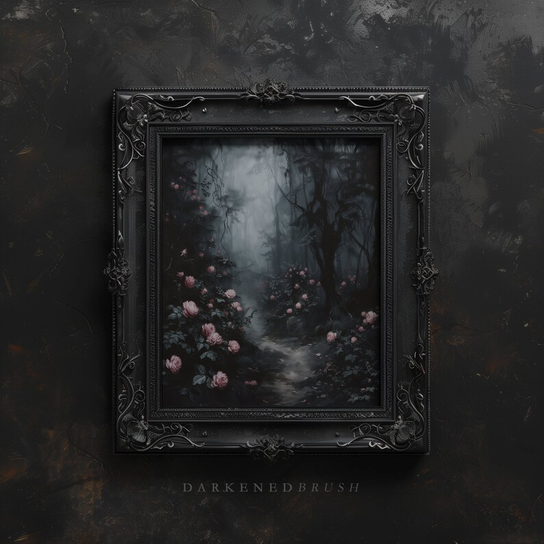 May include: A black ornate picture frame with a painting of a foggy forest path lined with pink roses. The text "DARKENED BRUSH" is below the frame.