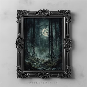 Full Moon Enchanted Forest Dark Woodland Art, Gothic Nature Printable Mystical Moonlit Moody Wall Art, Dark Cottagecore Nature Landscape
