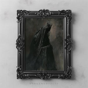 Impressão artística de uma rainha gótica sombria, figura de bruxa encapuzada, arte de parede sombria, pôster ocultista, decoração gótica para casa, arte de Halloween, tradição vampírica, Dark Regal