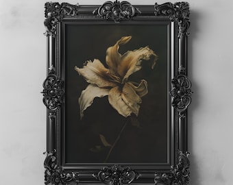 Dark Floral Lily Flower Art, Moody Botanical Flower Oil Painting, Floral Printable Art Dark Academia Decor, Yellow Flower Printable Wall Art