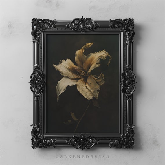 Dark Floral Lily Flower Art, Moody Botanical Flower Oil Painting, Floral Printable Art Dark Academia Decor, Yellow Flower Printable Wall Art