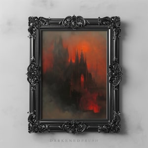 Impresión artística de un castillo gótico oscuro de Drácula y la luna de sangre, arte mural melancólico, pintura al óleo gótica oscura de la Academia oscura, arte oscuro descargable e imprimible.