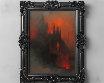 Blodmånen Dracula mörkt gotiskt slott konsttryck, stämningsfull väggkonst, mörk Academia goth mörk oljemålning, nedladdningsbar utskrivbar mörk konst