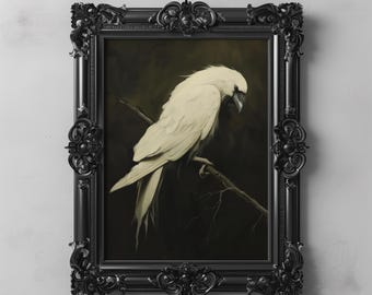 May include: A white bird with a black eye perched on a branch in a dark woodland setting. The bird is depicted in a framed oil painting with a black ornate frame.