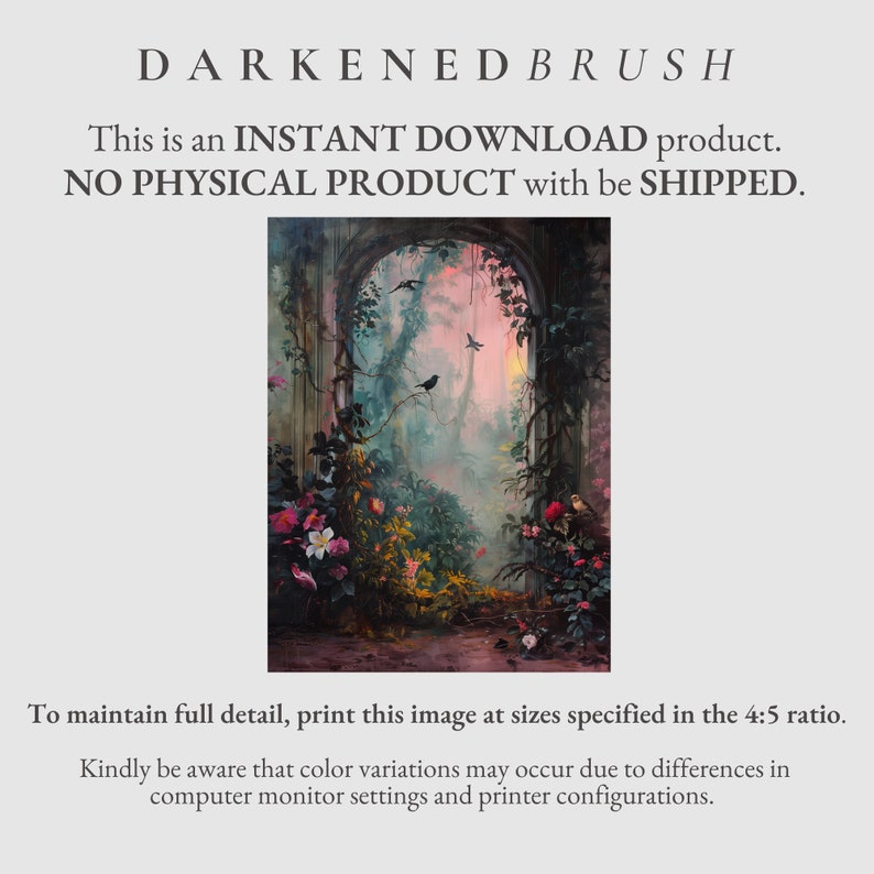 May include: A digital painting of a lush, overgrown garden with a stone archway. The garden is filled with vibrant flowers and foliage, and the archway leads to a misty, ethereal forest. The painting is in a dark, moody style, with a sense of mystery and intrigue.