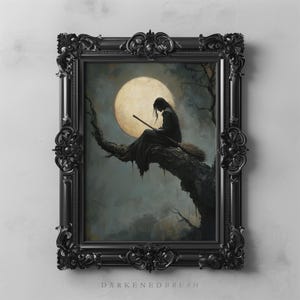 Witch and Full Moon Gothic Art Dark Cottagecore Witchy Decor Dark Academia Aesthetic Moody Fantasy Halloween Wall Art Gothic Witch Printable