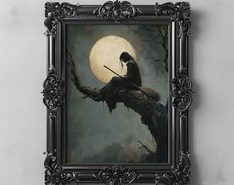 Witch and Full Moon Gothic Art Dark Cottagecore Witchy Decor Dark Academia Aesthetic Moody Fantasy Halloween Wall Art Gothic Witch Printable