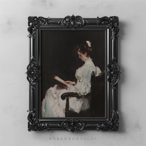 Victorian Woman Reading Book Art Printable, Antique Woman Portrait Painting, Vintage Bedroom Wall Décor, Dark Oil Painting Instant Download