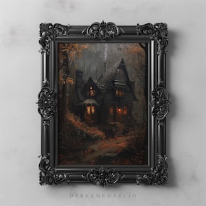Haunted Dark Forest Cottage Druckbare Kunst, Gothic Halloween Wand Kunst Witchy Cottagecore Herbstwald, Dark Academia Dekor Herbst Woodland Art