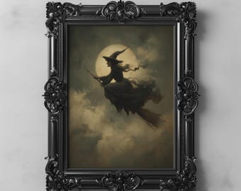 Witch Flying Across Full Moon In Gothic Sky, Vintage Halloween Witchy Wall Art, Dark Cottagecore Fantasy Printable Dark Academia Decor 201