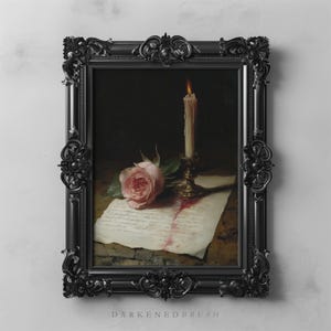 Arte romántico de naturaleza muerta con velas y rosas, imprimible de Dark Academia, decoración de pared con letras de enamorados, poesía gótica vintage, arte literario, descarga digital