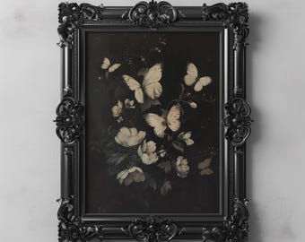 Farfalle e fiori bianchi stravaganti, stampabile con farfalle Dark Academia, arte murale floreale malinconica, decorazione botanica scura, dipinto vintage sulla natura