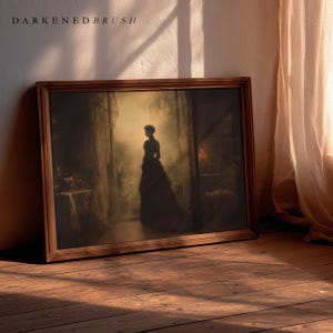 May include: A framed print featuring a woman in a long dress standing in a doorway. The artwork has a vintage aesthetic with a dark, moody color palette. The text "DARKENDED BRUSH" is at the top of the frame.