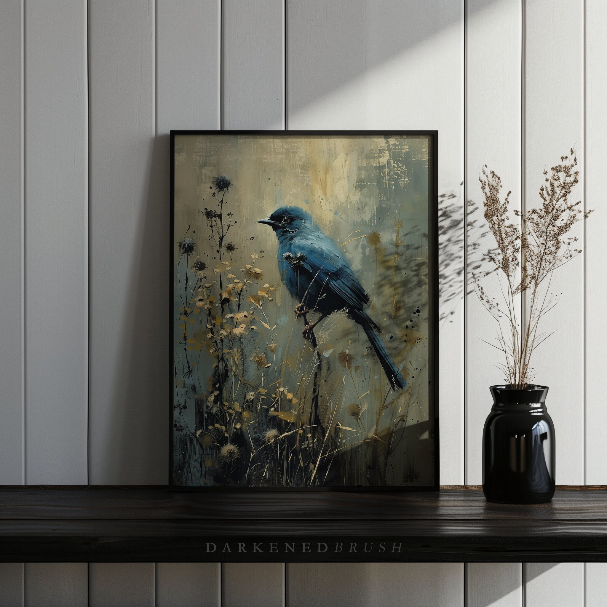 Vintage Blue Bird Wall Art, Dark Cottagecore Farmhouse Art, Dark ...