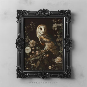 Pintura de arte floral de búho vintage imprimible, arte de pared melancólico, estilo cottagecore oscuro, botánico, floral, búho, pájaro, arte, decoración de pared de animales de la academia oscura