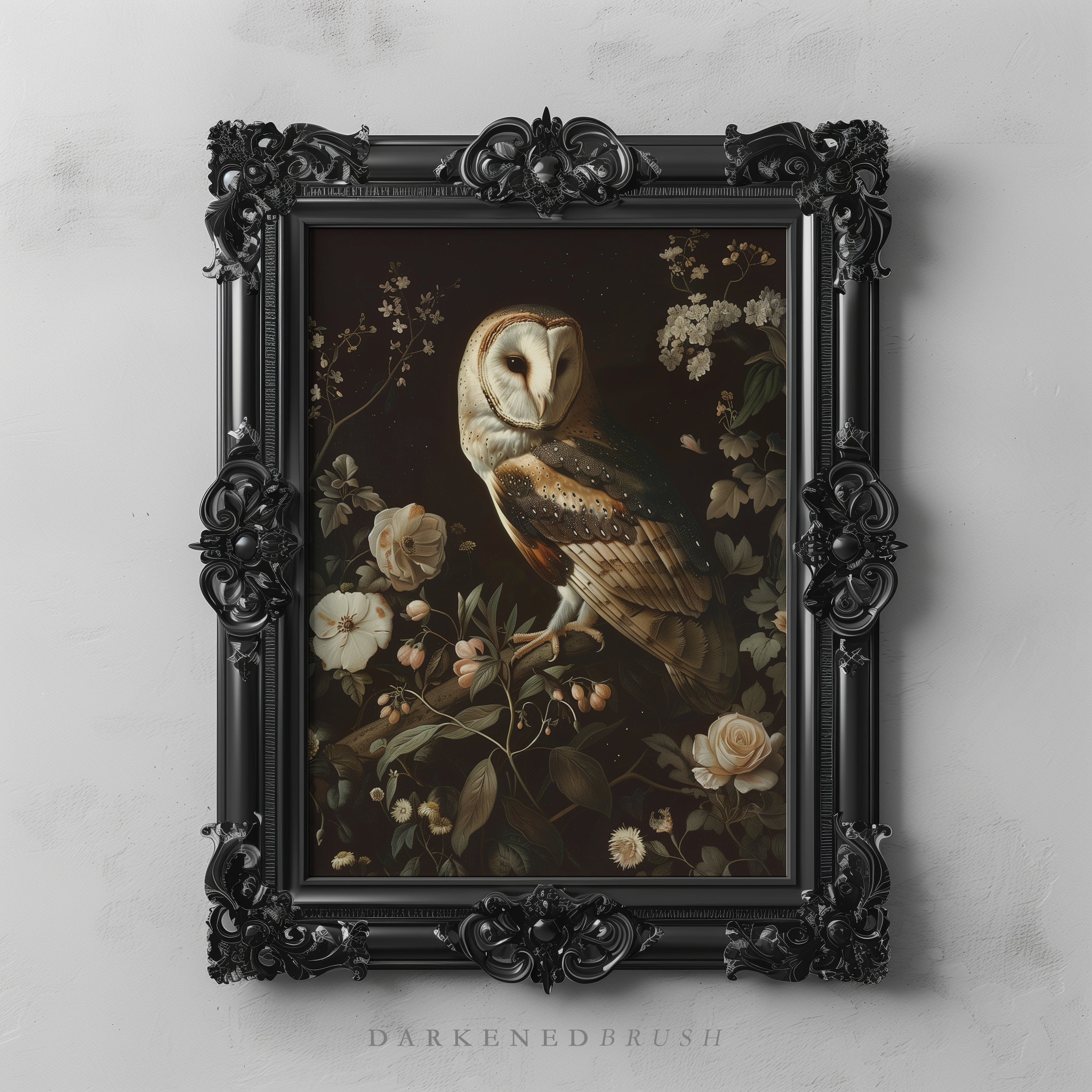 Vintage Barn Owl Flower Art Painting Printable Moody Wall Art Dark Cottagecore Botanical Floral Owl