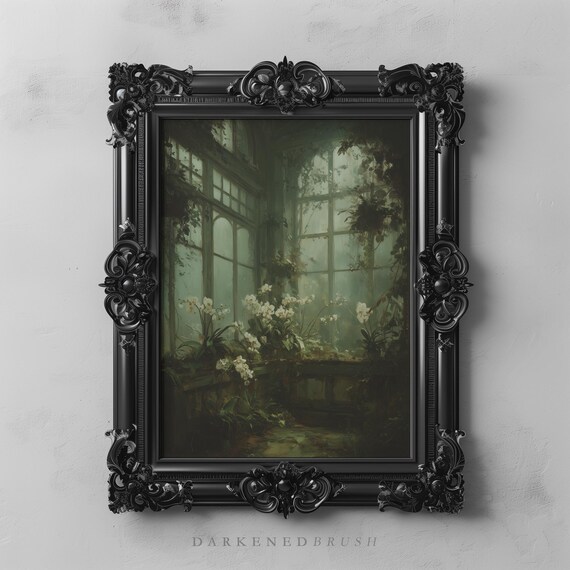 Victorian Greenhouse Wall Art, Dark Botanical Printable Gothic Cottagecore Decor, Fark Floral Overgrown Conservatory White Orchid Flower Art