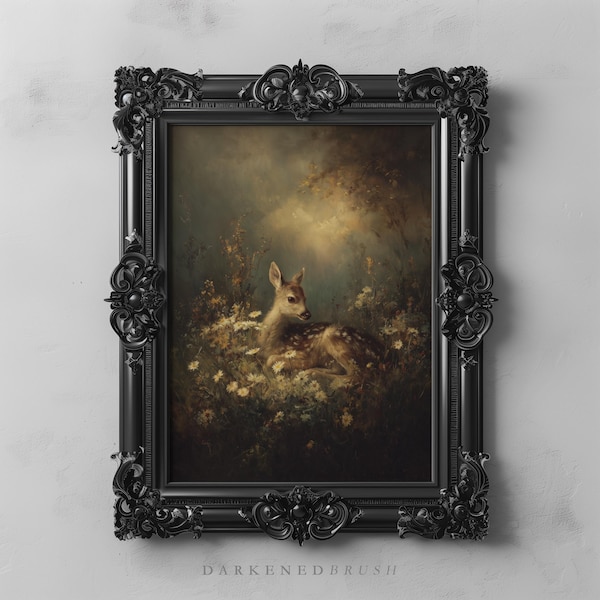 Dark Cottagecore Deer Wall Art With Fawn In Floral Botanical Meadow, Animal Oil Painting, Victorian Woodland Printable For Moody Decor 154
