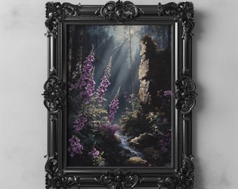 May include: A framed painting of a forest scene with purple flowers and a stream. The frame is black and ornate.