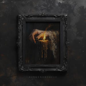 May include: A framed painting depicts a hand with long, black nails lighting a candle. The candle is dripping with wax, and the flame is bright. The frame is ornate and black, with the text "DARKENEBRUSH" at the bottom.