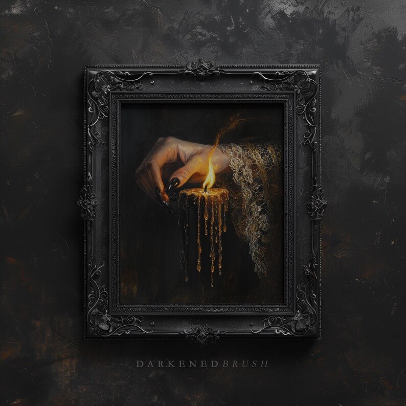 May include: A framed painting depicts a hand with long, black nails lighting a candle. The candle is dripping with wax, and the flame is bright. The frame is ornate and black, with the text "DARKENEBRUSH" at the bottom.