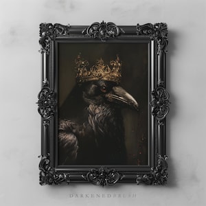 Dark Raven King Art Printable, Vintage Animal Decor, Dark Academia Wall Art Gothic Oil Painting, Black Bird Crow Art Print, Instant Download