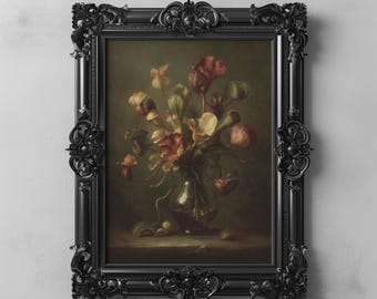 Dark Florals In Curved Glass Vase, Gothic Flower Bouquet Wall Art, Dark Victorian Cottagecore Romantic Vintage Oil Painting Still Life 226