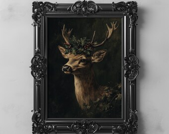 Christmas Reindeer with Holly Crown Rustic Woodland Vintage Christmas Decor Festive Holiday Art Printable Winter Nature Cottagecore Wall Art