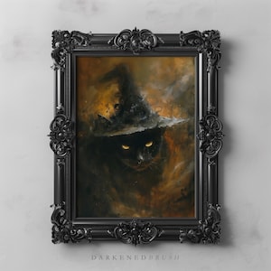 Cuadro de gato negro con sombrero de bruja, lámina de arte gótico, decoración cottagecore oscura, arte mural de animales de brujas, gato de Halloween, lámina artística de otoño melancólico