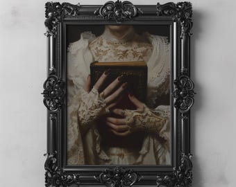 Victorian Woman Holding Antique Book, Dark Academia Decor, Moody Vintage Wall Art, Literary Art, Bookish Decor, Victorian Painting Aesthetic
