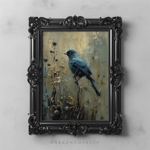 Vintage Blue Bird Wall Art, Dark Cottagecore Farmhouse Art, Dark Academia Gothic Aesthetic Decor Moody Bird Botanical Woodland Art Printable