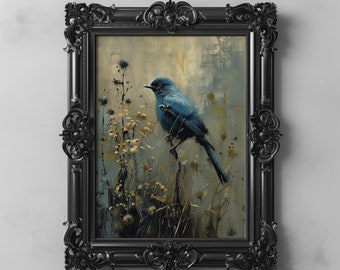 Peut inclure: Une peinture encadrée d'un oiseau bleu perché sur une branche dans un champ de fleurs sauvages. L'oiseau est tourné vers la droite et a une longue queue. L'arrière-plan est une palette douce et tamisée de bleus, de verts et de jaunes.