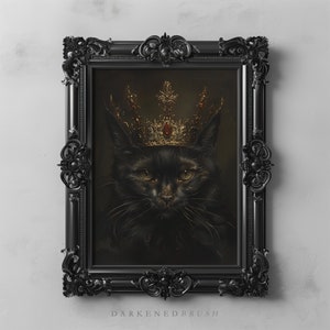 Schwarze königliche Katze Kunst Gemälde, Gothic Katzenkönig Porträt, Dark Academia Decor, königliche Haustier Porträts Tierkatzenliebhaber Geschenk druckbare, gotische Kunst