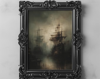 Ghostly Ships Floating in Dense Fog Gothic Maritime Nautical Wall Art Haunted Ocean Printable Decor Dark Academia Coastal Sea Aesthetic 121