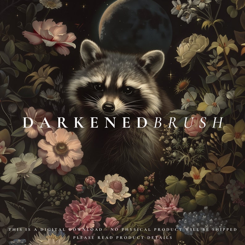May include: A digital illustration of a raccoon with a dark gray and black coat, surrounded by a variety of flowers and a crescent moon in the background. The text "DARKENEDBRUSH" is written in white letters across the middle of the image.