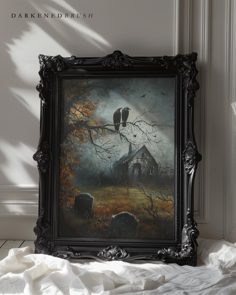 Halloween Ravens in Graveyard Art Print Dark Cottagecore Halloween