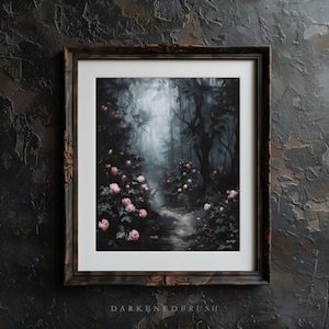 May include: A framed painting of a misty forest path lined with pink roses. The path leads into the distance, where the trees are shrouded in fog. The painting has a dark and moody atmosphere.