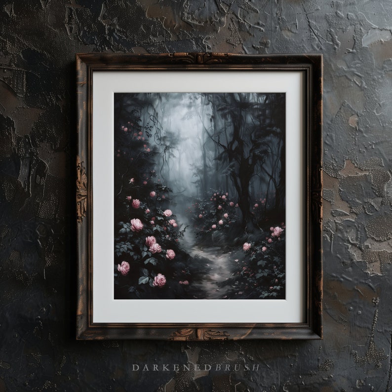 May include: A framed painting of a misty forest path lined with pink roses. The path leads into the distance, where the trees are shrouded in fog. The painting has a dark and moody atmosphere.