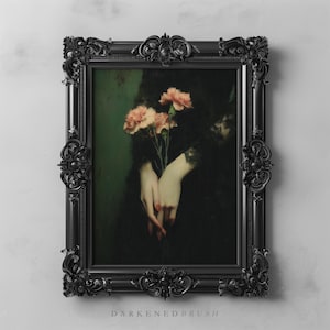 Gothic Hands Holding Carnations, Dark Academia Floral Printable, Romantic Mourning Wall Art, Victorian Style Digital Art, Moody Flower Decor