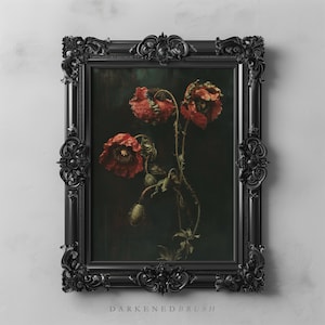 Dark Floral Red Poppy Art, Moody Botanical Antique Flower Oil Painting Wall Art, Dark Academia Decor, Gothic Floral Printable Art Download