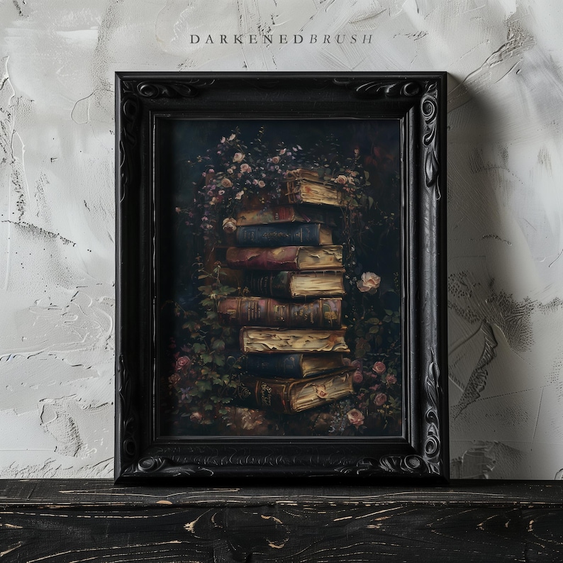May include: A framed painting of a stack of old books in a dark forest setting. The books are surrounded by lush greenery and delicate pink flowers. The frame is black and ornate.