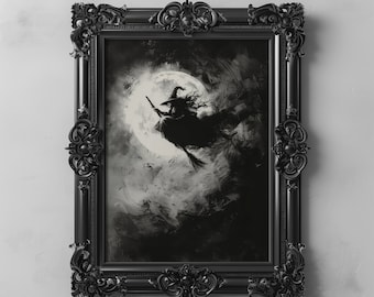 Full Moon Flying Witch Wall Art Printable, Halloween Art, Gothic Oil Painting, Dark Academia Décor, Witchy Woman Poster, Instant Download