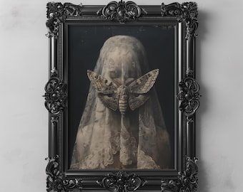 May include: A black framed portrait of a person with a white veil covering their face. A large moth is positioned over the person's mouth.
