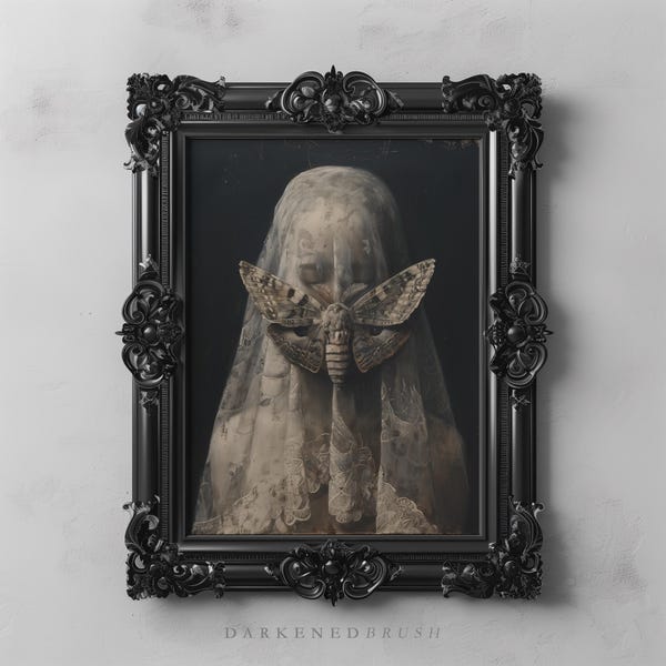 Veiled Woman Moth Art, Gothic Art Witchy Aesthetic, Dark Academia, Occult Poster Gothic Decor, Moody Wall Art, Halloween Art, Dark Romance