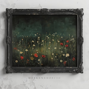 Vintage dunkle Blumen druckbare Kunst, launische botanische Blumenmalerei Druck, Bauernhaus Wandkunst, dunkle Academia Ästhetik digitaler Download